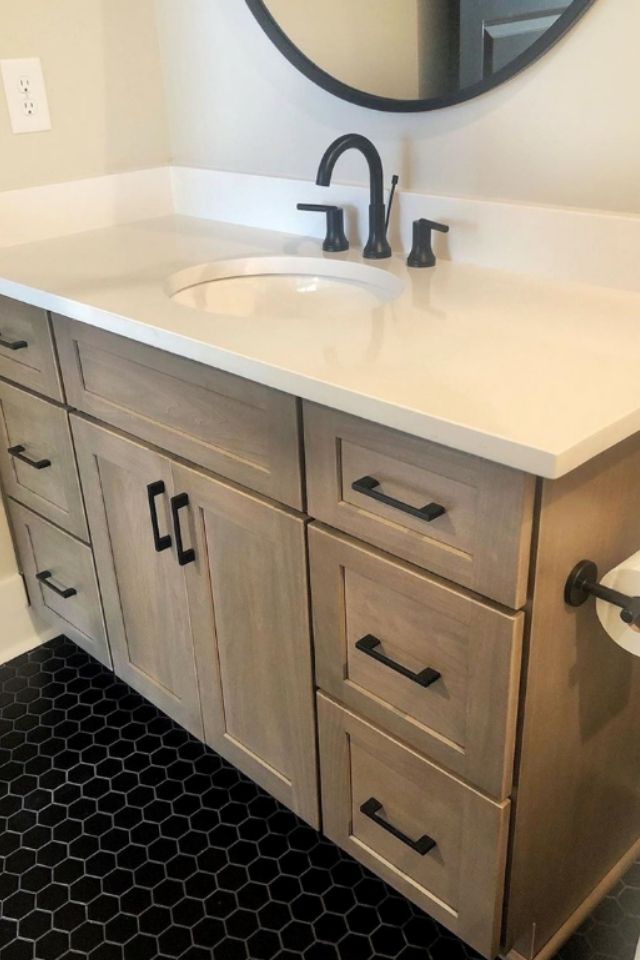 Powder Room Update Black Tile Floor with Wood Vanity